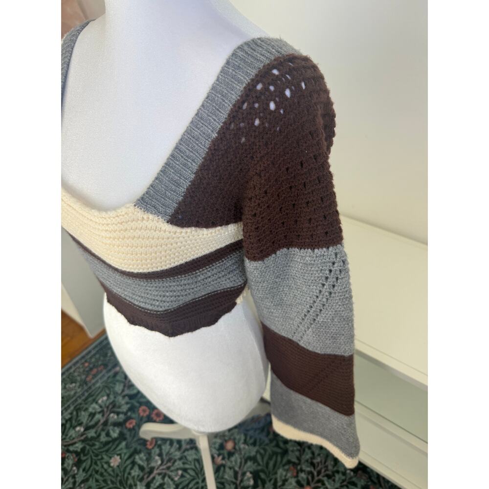 Womens Square Neck Long Bell Sleeve Color Block Sweater Crochet Knit Crop Top - Picture 4 of 8